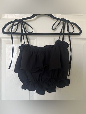Black Ruffle Tie Strap Crop Top XS/S Stretchy Smocked Bandeau Boho Feminine